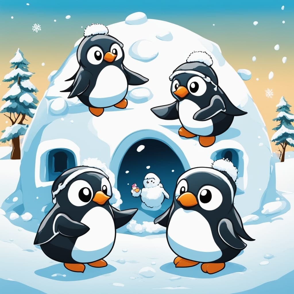 Penguins playing in the snow